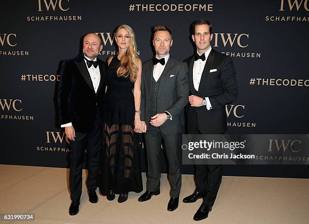 Schaffhausen CEO Georges Kern, Storm Keating; Ronan Keating and Incoming IWC Schaffhausen CEO Christoph Grainger-Herr attend the IWC Schaffhausen...