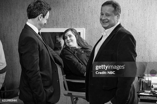 Episode 473 -- Pictured: Host Seth Meyers, actress Aidy Bryant and producer Michael Shoemaker backstage on January 17, 2017 --
