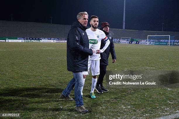 Pascal Bovis Fleury president , Guillaume Sert of Fleury and Bernard Bouger coach of Fleury during the French Cup match between Fleury Merogis and...