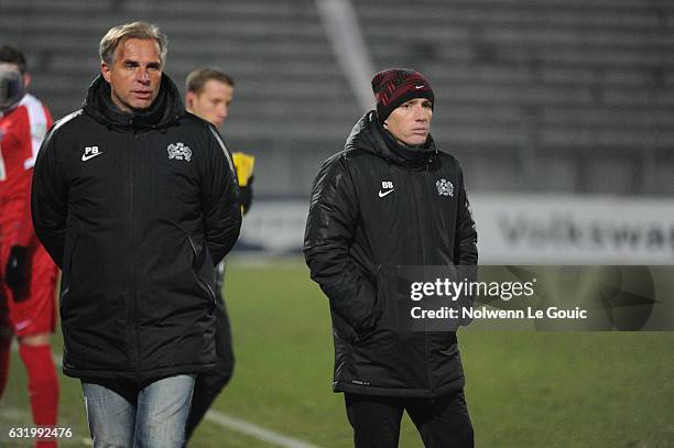 Pascal Bovis Fleury president and Bernard Bouger coach of Fleury during the French Cup match between Fleury Merogis and Brest on January 18, 2017 in...