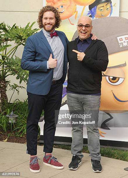 Actor T.J. Miller and director Tony Leondis pose at the Photo Call For Columbia Pictures' "The Emoji Movie" at Sony Pictures Studios on January 18,...