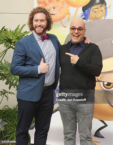 Actor T.J. Miller and director Tony Leondis pose at the Photo Call For Columbia Pictures' "The Emoji Movie" at Sony Pictures Studios on January 18,...