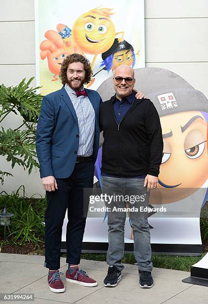 Actor T.J. Miller and director Anthony Leondis attend the photo call for Columbia Pictures' "The Emoji Movie" at Sony Pictures Studios on January 18,...