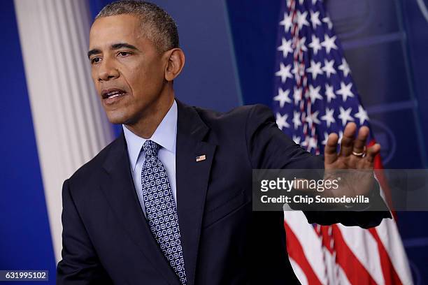 President Barack Obama holds the last news conference of his presidency in the Brady Press Briefing Room at the White House January 18, 2017 in...