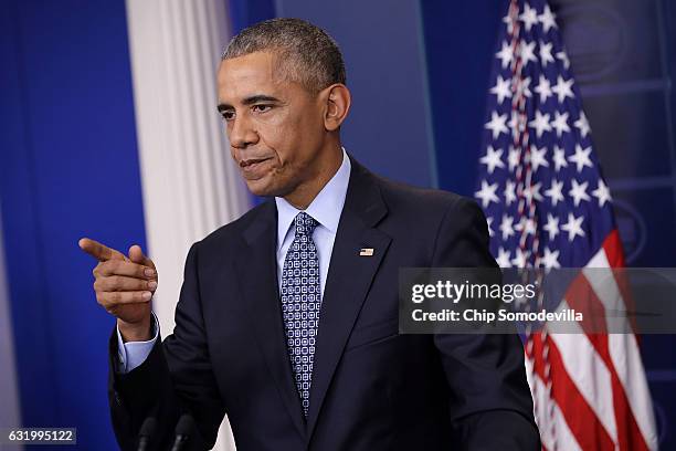 President Barack Obama holds the last news conference of his presidency in the Brady Press Briefing Room at the White House January 18, 2017 in...