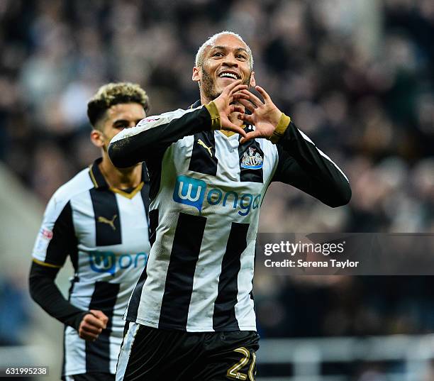 Yoan Gouffran of Newcastle United celebrates after scoring Newcastle's second goal during the Emirates FA cup third round between Newcastle United...