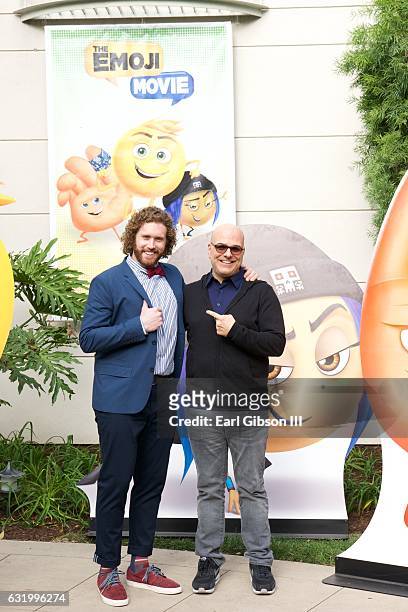 Actor TJ Miller and Director Anthony Leondis attend the Photo Call For Columbia Pictures "The Emoji Movie" at Sony Pictures Studios on January 18,...