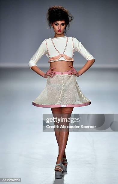 Model walks the runway at the Ethical Fashion show during the Mercedes-Benz Fashion Week Berlin A/W 2017 at Postbahnhof on January 18, 2017 in...