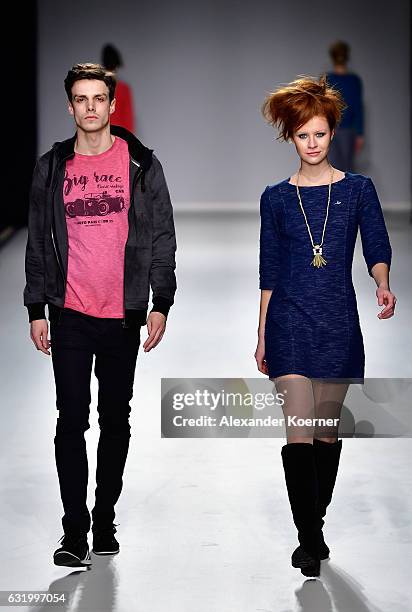 Models walk the runway at the Ethical Fashion show during the Mercedes-Benz Fashion Week Berlin A/W 2017 at Postbahnhof on January 18, 2017 in...