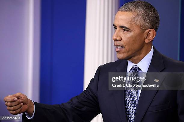 President Barack Obama holds the last news conference of his presidency in the Brady Press Briefing Room at the White House January 18, 2017 in...