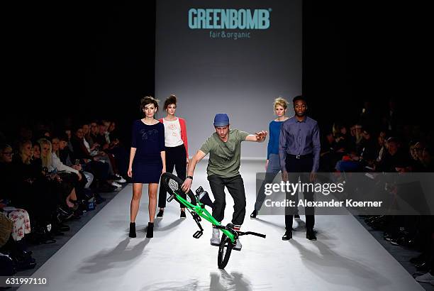 Models walk the runway at the Ethical Fashion show during the Mercedes-Benz Fashion Week Berlin A/W 2017 at Postbahnhof on January 18, 2017 in...