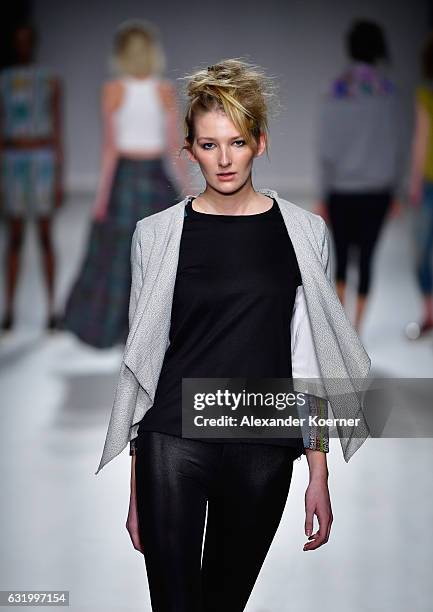 Model walks the runway at the Ethical Fashion show during the Mercedes-Benz Fashion Week Berlin A/W 2017 at Postbahnhof on January 18, 2017 in...