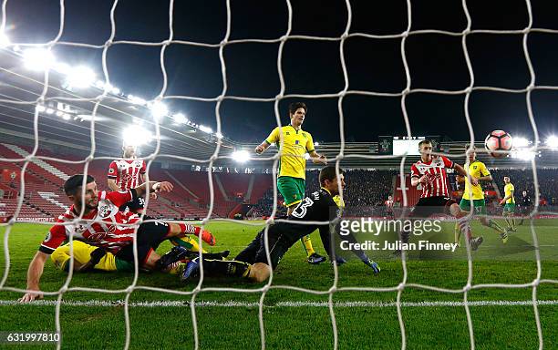 Shane Long of Southampton scores the opening goal during The Emirates FA Cup Third Round Replay match between Southampton and Norwich City at St...