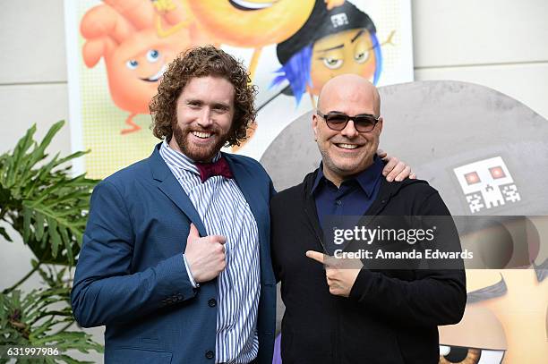 Actor T.J. Miller and director Anthony Leondis attend the photo call for Columbia Pictures' "The Emoji Movie" at Sony Pictures Studios on January 18,...