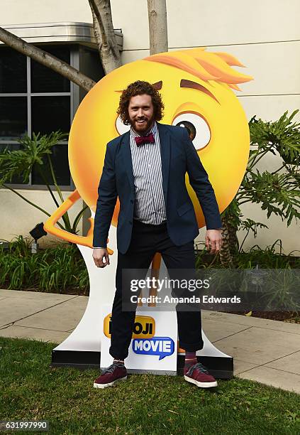 Actor T.J. Miller attends the photo call for Columbia Pictures' "The Emoji Movie" at Sony Pictures Studios on January 18, 2017 in Culver City,...