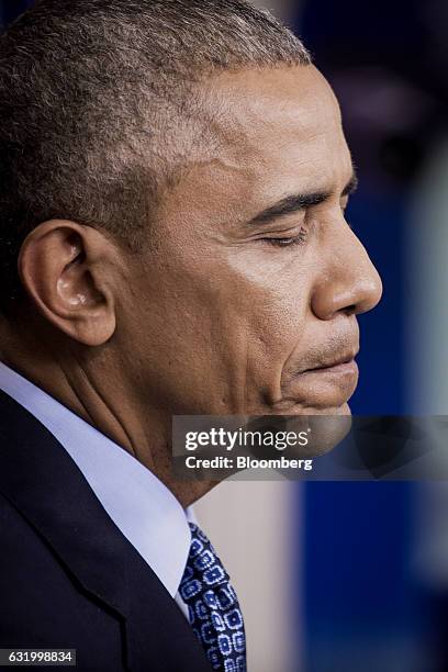 President Barack Obama pauses during his final press conference in the White House briefing room in Washington, D.C., U.S., on Wednesday, Jan. 18,...