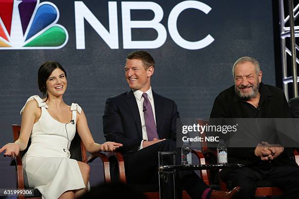 NBCUniversal Press Tour, January 2017 -- NBC's "Chicago Justice" Session -- Pictured: Monica Barbaro, Philip Winchester, Dick Wolf, Executive...