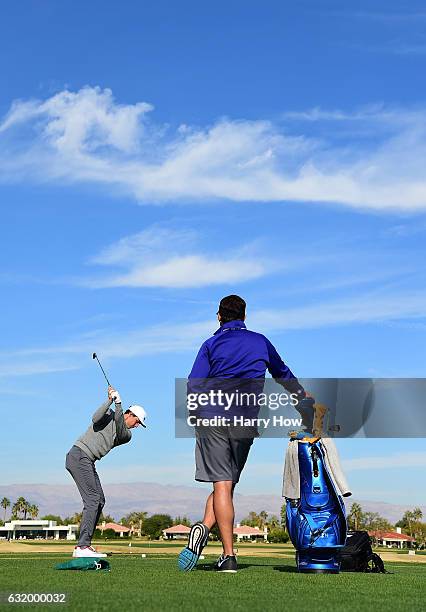 Jamie Lovemark hits on the driving range during practice for the CareerBuilder Challenge at PGA West on January 18, 2017 in La Quinta, California.