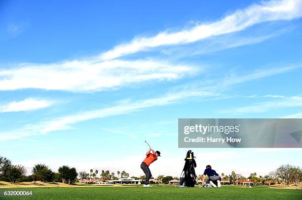 Paul Casey of England hits on the driving range during practice for the CareerBuilder Challenge at PGA West on January 18, 2017 in La Quinta,...