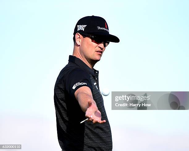 Zach Johnson catches a ball on the driving range during practice for the CareerBuilder Challenge at PGA West on January 18, 2017 in La Quinta,...
