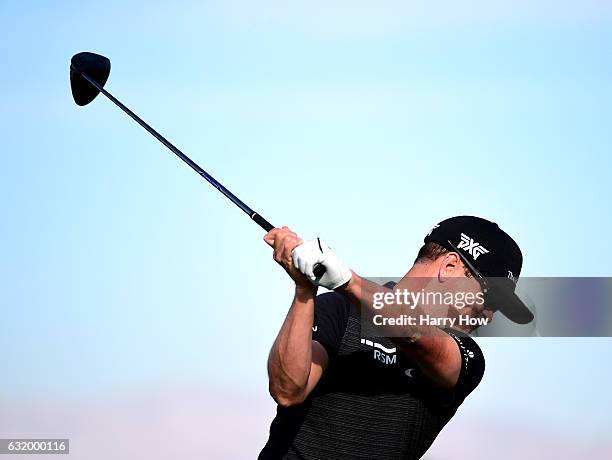 Zach Johnson hits driver on the driving range during practice for the CareerBuilder Challenge at PGA West on January 18, 2017 in La Quinta,...