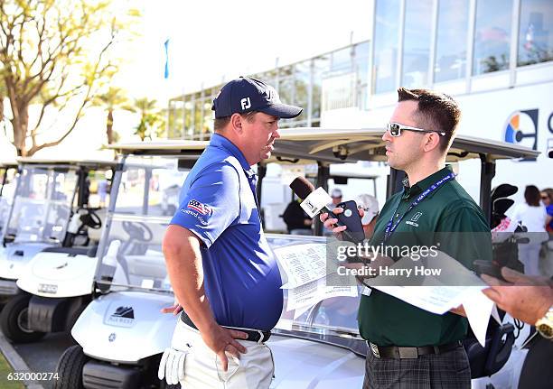 Jason Dufner gives an interview during practice for the CareerBuilder Challenge at PGA West on January 18, 2017 in La Quinta, California.