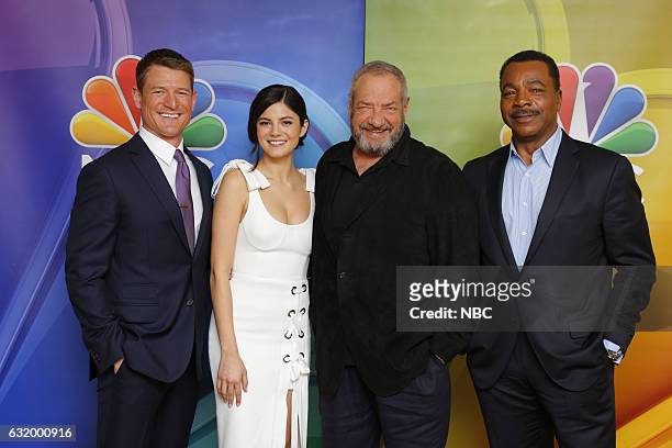 NBCUniversal Press Tour, January 2017 -- NBC's "Chicago Justice" -- Pictured: Philip Winchester, Monica Barbaro, Dick Wolf, Executive Producer; Carl...