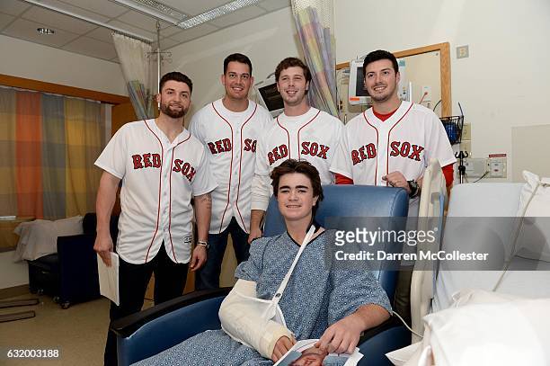 Boston Red Sox players Sam Travis, Kyle Martin, Ben Taylor, and Chandler Shepherd visit Nicholas at Boston Children's Hospital on January 18, 2017 in...