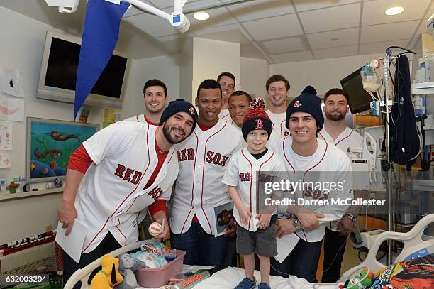 Boston Red Sox players Chandler Shepherd, Robby Scott, Rafael Devers, Kyle Martin, Luis Ysla, Ben Taylor, Edgar Olmos, and Sam Travis visit Ari at...