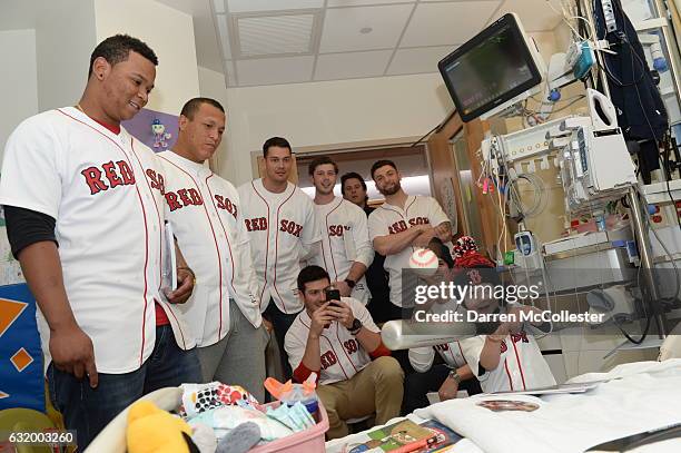 Boston Red Sox players Rafael Devers, Luis Ysla, Chandler Shepherd, Kyle Martin, Ben Taylor, Sam Travis, Edgar Olmos visit Ari at Boston Children's...