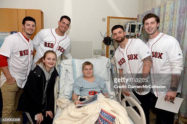 Boston Red Sox players Chandler Shepherd, Kyle Martin, Sam Travis, and Ben Taylor visit Harrison and Charlotte at Boston Children's Hospital on...