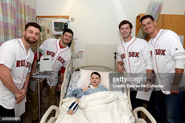 Boston Red Sox players Sam Travis, Chandler Shepherd, Ben Taylor, and Kyle Martin visit CJ at Boston Children's Hospital on January 18, 2017 in...