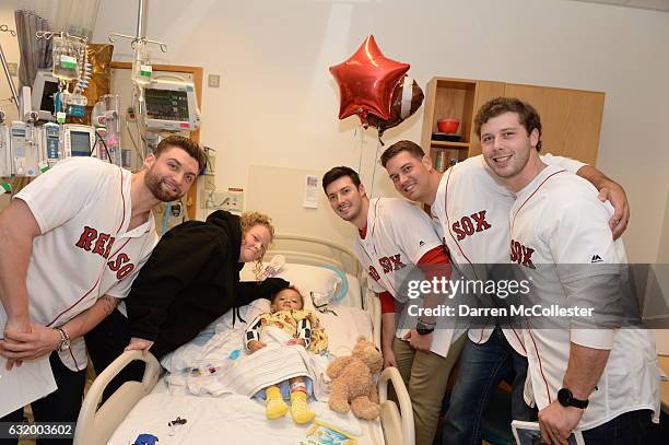 Boston Red Sox players Sam Travis, Chandler Shepherd, Kyle Martin, and Ben Taylor visit Torren and Mom at Boston Children's Hospital on January 18,...