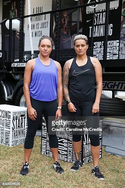 Athletes from the new NikeWomen team Kyah Simon and Moana Hope train on January 19, 2017 in Sydney, Australia.