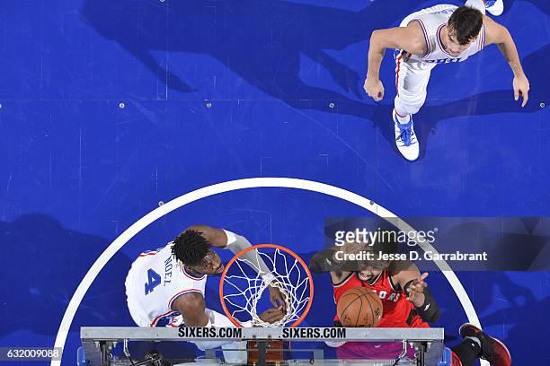 Jared Sullinger of the Toronto Raptors shoots a lay up during the game against the Philadelphia 76ers on January 18, 2017 at Wells Fargo Center in...