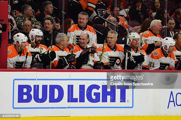 Philadelphia Flyers Head Coach Dave Schultz instructs his players during a NHL hockey game between the Philadelphia Flyers Alumni and the Pittsburgh...