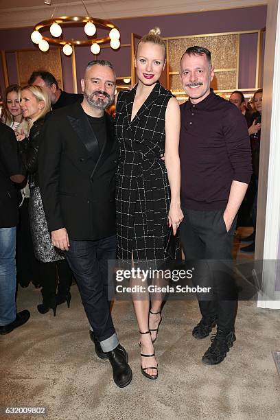 Designer Adrian Runhof , Franziska Knuppe and Designer Johnny Talbot during the Talbot Runhof boutique opening at Schlueterstrasse on January 18,...