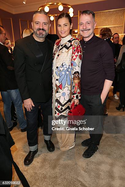 Designer Adrian Runhof, Nina Schwichtenberg and Johnny Talbot during the Talbot Runhof boutique opening at Schlueterstrasse on January 18, 2017 in...