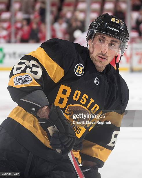 Brad Marchand of the Boston Bruins skates in warm-ups prior to an NHL game against the Detroit Red Wings at Joe Louis Arena on January 18, 2017 in...