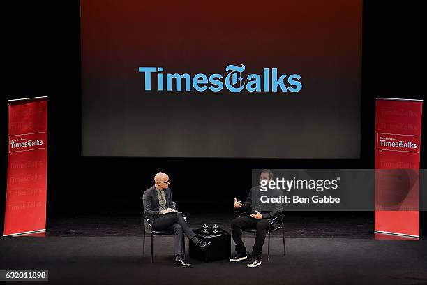 Moderator Logan Hill and Magician David Blaine speak during TimesTalks at Florence Gould Hall on January 18, 2017 in New York City.