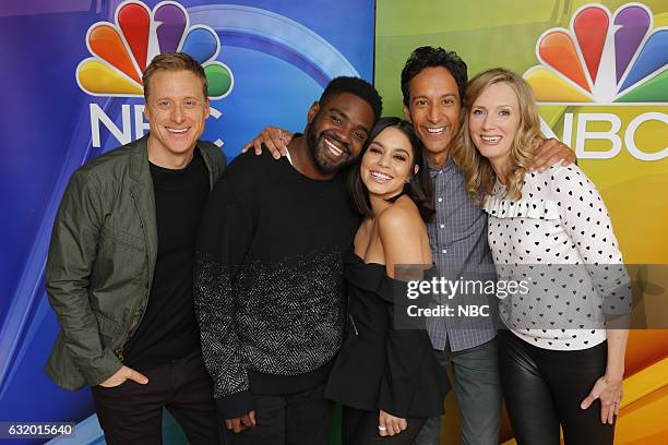 NBCUniversal Press Tour, January 2017 -- NBC's "Powerless" -- Pictured: Alan Tudyk, Ron Funches, Vanessa Hudgens, Danny Pudi, Christina Kirk --