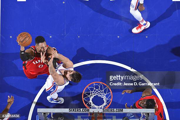 Jared Sullinger of the Toronto Raptors shoots the ball during the game against the Philadelphia 76ers on January 18, 2017 at Wells Fargo Center in...