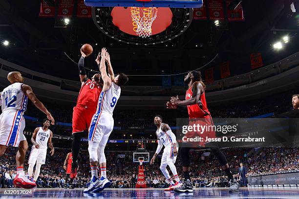 Jared Sullinger of the Toronto Raptors shoots the ball during the game against the Philadelphia 76ers on January 18, 2017 at Wells Fargo Center in...