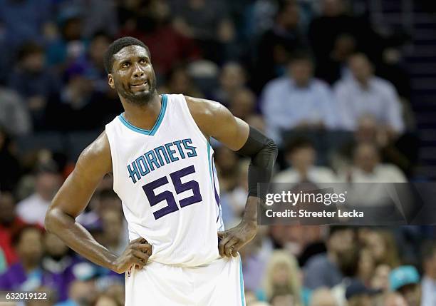 Roy Hibbert of the Charlotte Hornets watches on against the Portland Trail Blazers during their game at Spectrum Center on January 18, 2017 in...