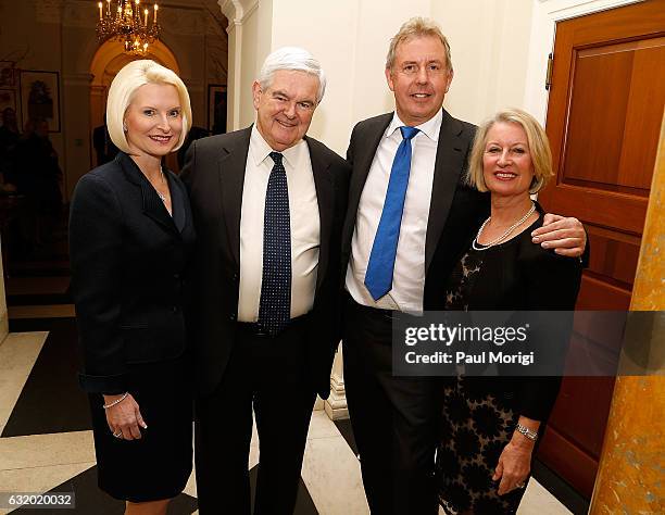 Calista Gingrich, Newt Gingrich, British Ambassador Kim Darroch and Lady Vanessa Darroch pose for a photo at an Afternoon Tea hosted by the British...