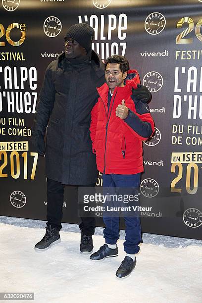 Omar Sy and Jamel Debbouze attend the Photocall "Le Jamel Comedy Club prend de l'Altitude" at Le Signal at a 2108 meter height during the 20th l'Alpe...