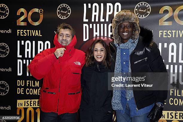 Director Ludovic Bernard, Actress Alice Essaidi and Actor Ahmed Sylla attend the Photocall "Le Jamel Comedy Club prend de l'Altitude" at Le Signal at...