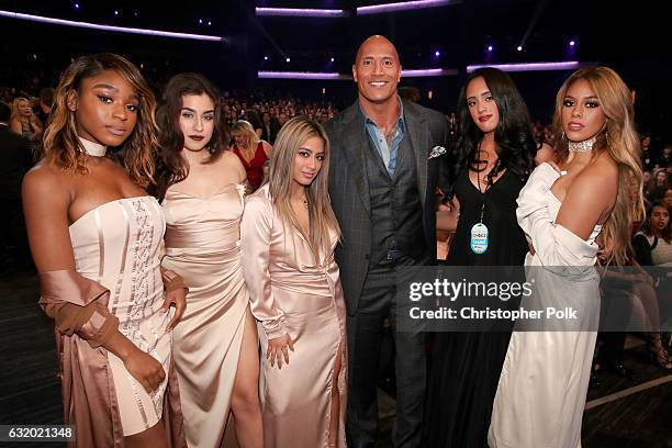 Actor Dwayne Johnson and Simone Alexandra Johnson pose with recording artists Normani Kordei, Lauren Jauregui, Ally Brooke, and Dinah Jane of music...