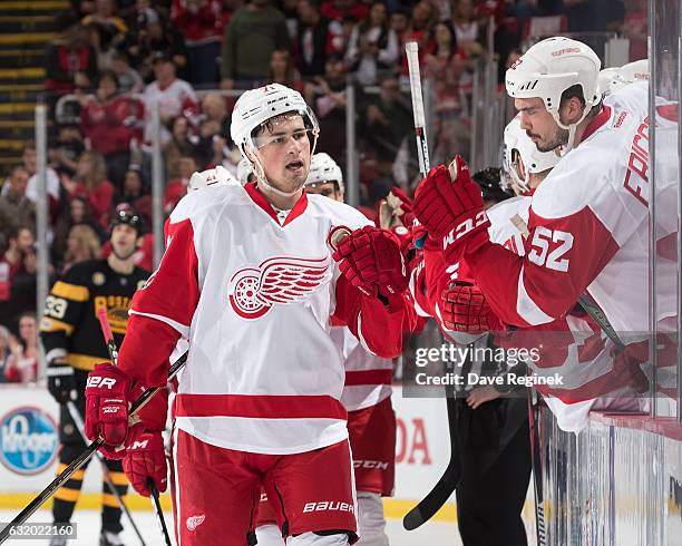 Dylan Larkin of the Detroit Red Wings pounds gloves with teammate Jonathan Ericsson following his first period goal during an NHL game against the...