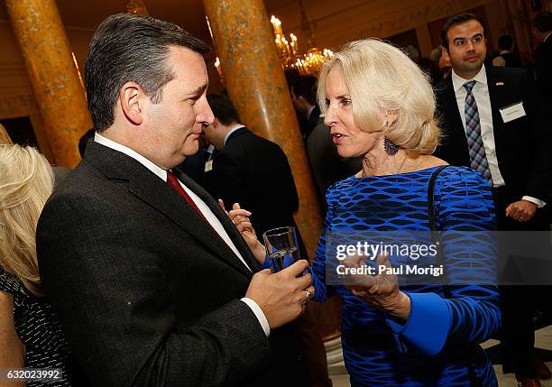 Sen. Ted Cruz talks with Sally Quinn at an Afternoon Tea hosted by the British Embassy to mark the U.S. Presidential Inauguration at The British...